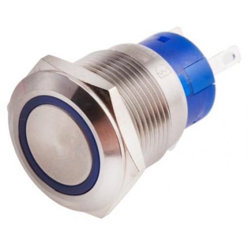 RS PRO Tlačítkový spínač IP67 SPDT Panel Blokování Osvětlené 19.2 mm 5 A, barva LED: Modrá 12 V dc 250 V ac