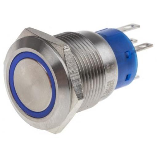 RS PRO Tlačítkový spínač IP67 SPDT Panel Okamžité Osvětlené 19.2 mm 5 A, barva LED: Modrá 250 V ac