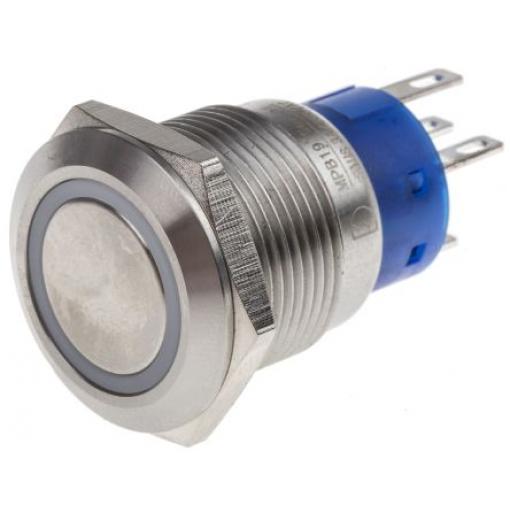 RS PRO Tlačítkový spínač IP67 SPDT Panel Blokování Osvětlené 19.2 mm 5 A, barva LED: Bílá 12 V dc 250 V ac