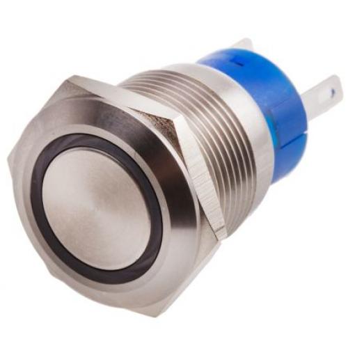 RS PRO Tlačítkový spínač IP67 SPDT Panel Okamžité Osvětlené 19.2 mm 5 A, barva LED: Modrá 12 V dc 250 V ac