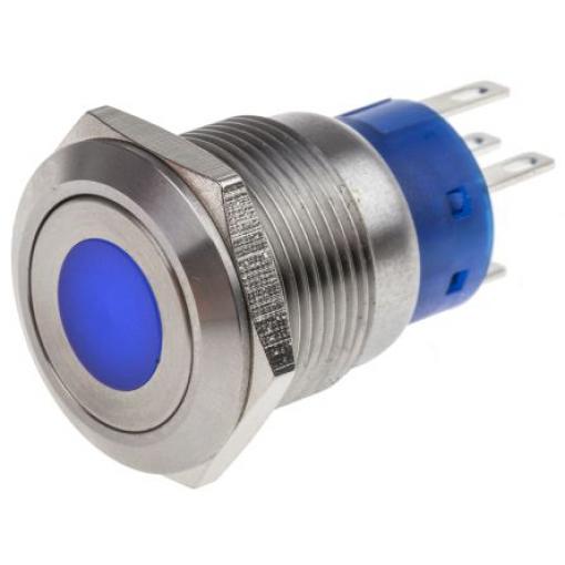 RS PRO Tlačítkový spínač IP67 SPDT Panel Blokování Osvětlené 19.2 mm 5 A, barva LED: Modrá 12 V dc 250 V ac