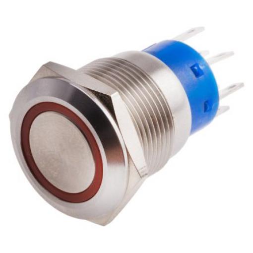 RS PRO Tlačítkový spínač IP67 DPDT Panel Blokování Osvětlené 19.2 mm 5 A, barva LED: Červená 12 V dc 250 V ac