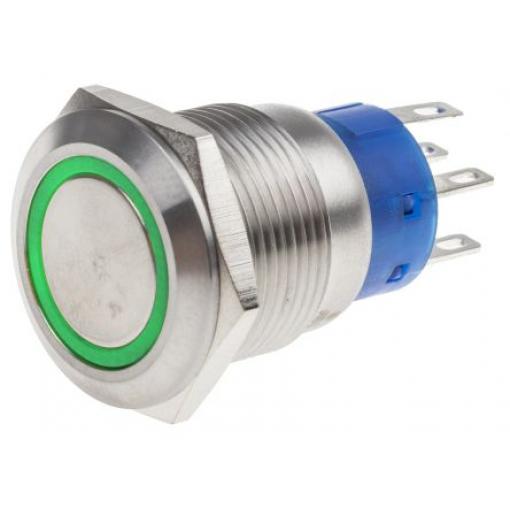 RS PRO Tlačítkový spínač IP67 DPDT Panel Blokování Osvětlené 19.2 mm 5 A, barva LED: Zelená 12 V dc 250 V ac