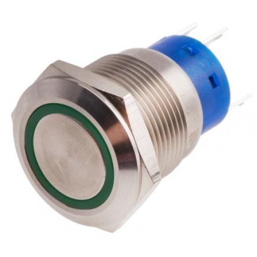 RS PRO Tlačítkový spínač IP67 SPDT Panel Blokování Osvětlené 19.2 mm 5 A, barva LED: Zelená 12 V dc 250 V ac