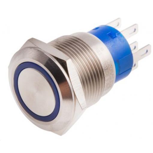RS PRO Tlačítkový spínač IP67 DPDT Panel Okamžité Osvětlené 19.2 mm 5 A, barva LED: Modrá 12 V dc 250 V ac