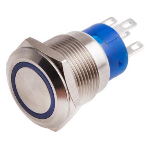 RS PRO Tlačítkový spínač IP67 SPDT Panel Blokování Osvětlené 19.2 mm 5 A, barva LED: Modrá 250 V ac