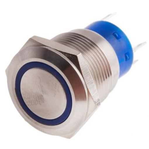 RS PRO Tlačítkový spínač IP67 SPDT Panel Okamžité Osvětlené 19.2 mm 5 A, barva LED: Modrá 12 V dc 250 V ac