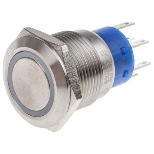 RS PRO Tlačítkový spínač IP67 DPDT Panel Okamžité Osvětlené 19.2 mm 5 A, barva LED: Bílá 12 V dc 250 V ac