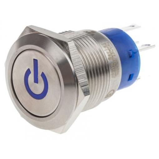 RS PRO Tlačítkový spínač IP67 SPDT Panel Blokování Osvětlené 19 mm 5 A, barva LED: Modrá 250 V ac