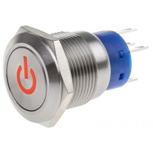 RS PRO Tlačítkový spínač IP67 DPDT Panel Blokování Osvětlené 19 mm 5 A, barva LED: Červená 12 V dc 250 V ac