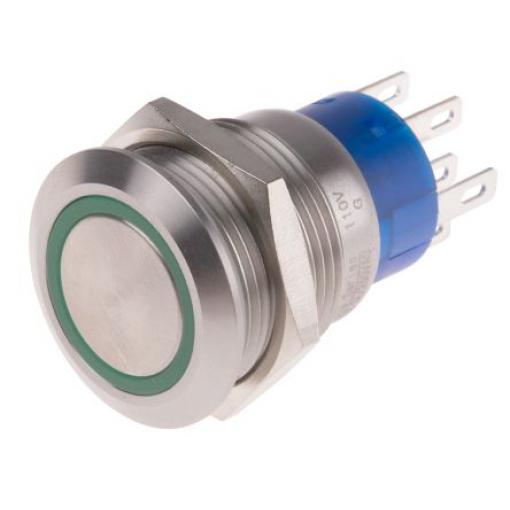 RS PRO Tlačítkový spínač IP67 DPDT Panel Okamžité Osvětlené 19.2 mm 5 A, barva LED: Zelená 12 V dc 110 V ac