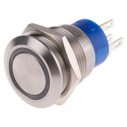 RS PRO Tlačítkový spínač IP67 SPDT Panel Okamžité Osvětlené 19.2 mm 5 A, barva LED: Bílá 12 V dc 250 V ac