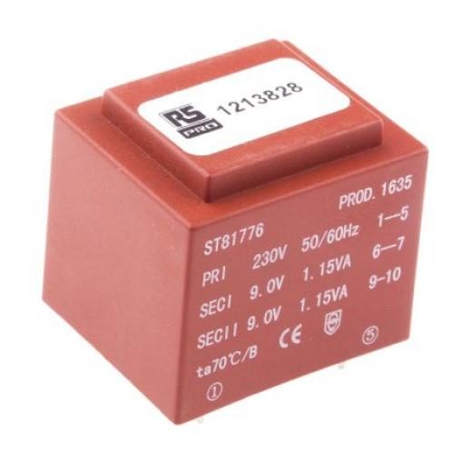 RS PRO Transformátor PCB, sekundární napětí: 2 x 9 V ac, počet výstupů: 2 Montáž na plošný spoj 16 VA
