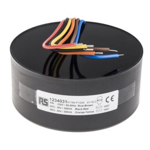 RS PRO Toroidní transformátor, počet výstupů: 2, primární napětí: 230 V ac, sekundární napětí: 2 x 25 V ac 500 VA,