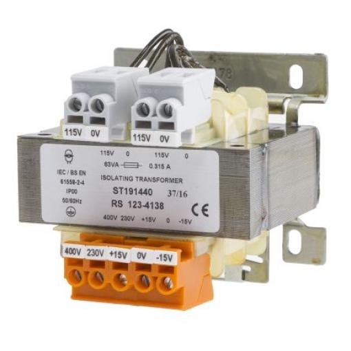 RS PRO Transformátor na lištu DIN 63 VA, primární napětí: 230 V ac, 400 V ac, sekundární napětí: 2 x 115 V, počet