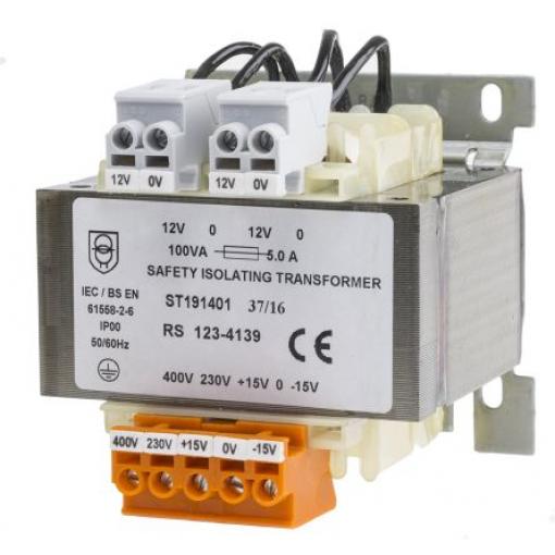 RS PRO Transformátor na lištu DIN 100 VA, primární napětí: 230 V ac, 400 V ac, sekundární napětí: 12 V ac, počet