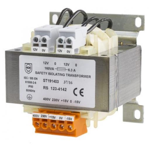 RS PRO Transformátor na lištu DIN 160 VA, primární napětí: 230 V ac, 400 V ac, sekundární napětí: 12 V ac, počet