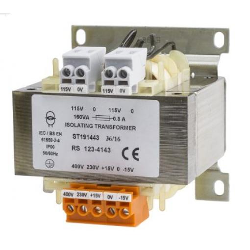 RS PRO Transformátor na lištu DIN 160 VA, primární napětí: 230 V ac, 400 V ac, sekundární napětí: 2 x 115 V ac, počet