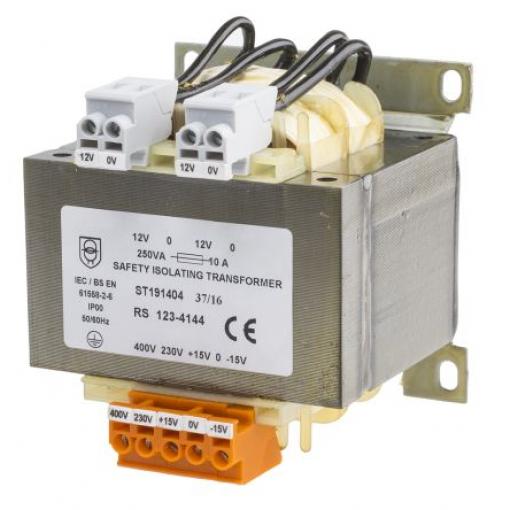 RS PRO Transformátor na lištu DIN 250 VA, primární napětí: 230 V ac, 400 V ac, sekundární napětí: 12 V ac, počet