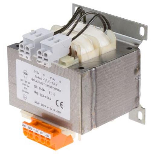 RS PRO Transformátor na lištu DIN 250 VA, primární napětí: 230 V ac, 400 V ac, sekundární napětí: 2 x 115 V ac, počet