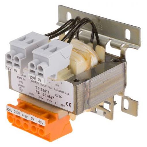 RS PRO Transformátor na lištu DIN 25 VA, primární napětí: 230 V ac, 400 V ac, sekundární napětí: 2 x 12 V ac, počet