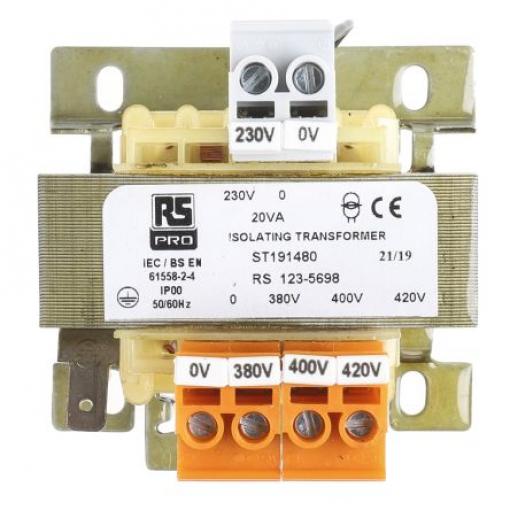 RS PRO Transformátor na lištu DIN 20 VA, primární napětí: 380 to 420 V ac, sekundární napětí: 230 V ac, 24 V, počet