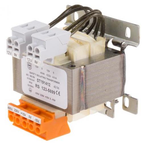 RS PRO Transformátor na lištu DIN 40 VA, primární napětí: 230 V ac, 400 V ac, sekundární napětí: 2 x 12 V ac, počet