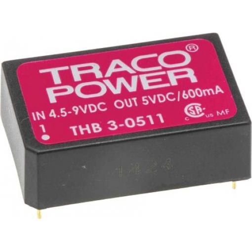 TRACOPOWER Měnič DC/DC THB 3, výstup: 5 V dc 4 kV ac, Vin 9V dc 600 mA, Vin 4.5V 3 W -40 °C 85 °C Montáž na plošný spoj