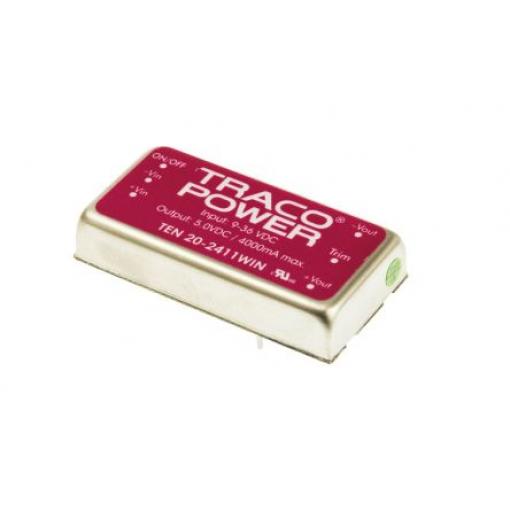 TRACOPOWER Měnič DC/DC TEN 20WIN, výstup: 5 V dc 1.6 kV dc, Vin 36V dc 4 A, Vin 9V 20 W -40 °C 85 °C Montáž na plošný