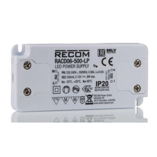 LED ovladač, řada: RACD06-LP RACD06-500-LP  2/12 V dc 500 mA 6 W IP20 Recom