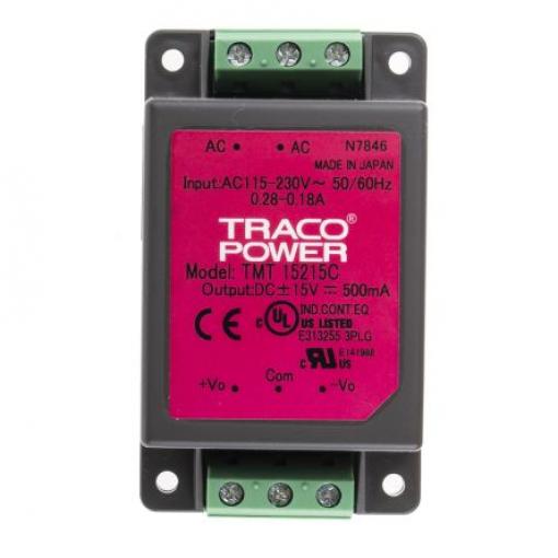 Spínaný napájecí zdroj, počet výstupů: 2 TMT 15215C 15V dc Šasi 15 W TMT TRACOPOWER 264V ac