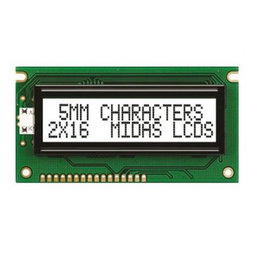 Monochromatický LCD displej MC21605A6W-FPTLW-V2, řada: A Alfanumerické podsvícení LED Bílá 8bitový Midas Bílá 2 x 16