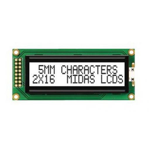 Monochromatický LCD displej MC21605B6W-FPTLW-V2, řada: B Alfanumerické podsvícení LED Bílá 8bitový Midas Bílá 2 x 16