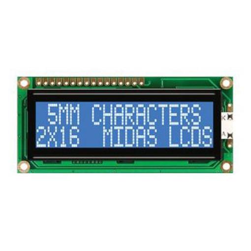 Monochromatický LCD displej MC21605G6WD-BNMLW-V2, řada: G Alfanumerické podsvícení LED Modrá 8bitový Midas Bílá 2 x 16