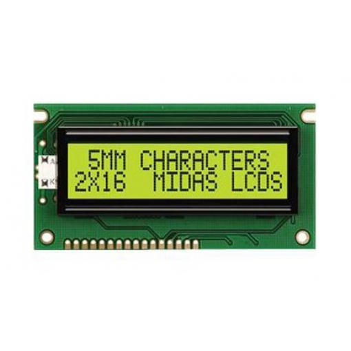 Monochromatický LCD displej MC21605A6W-SPR-V2, řada: A Alfanumerické podsvícení LED Zelená 8bitový Midas Zelená 2 x 16