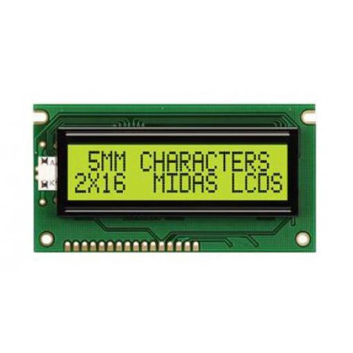 Monochromatický LCD displej MC21605A6WD-SPTLY-V2, řada: A Alfanumerické podsvícení LED Zelená, Žlutá 8bitový Midas