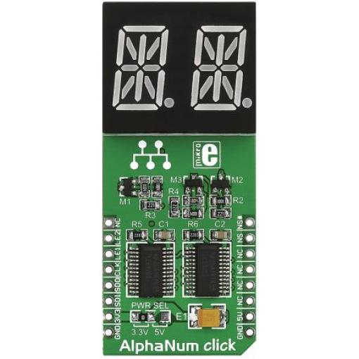 Deska displeje MIKROE-1851 Přídavná deska MikroElektronika AlphaNum G Click 2 14segmentový displej TLC5926 x 2