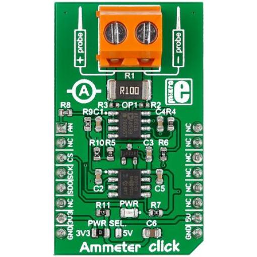 Vývojová sada pro řízení napájení Ammeter Click Měření proudu MikroElektronika MAX6106, MCP3201, AD8616, pro použití s: