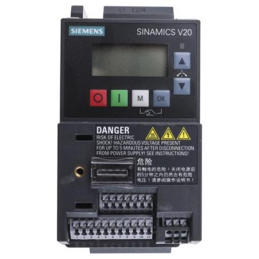 Měnič kmitočtu, řada: SINAMICS V20 0,75 kW 0 → 550Hz 4,2 A 230 V AC IP20, pro použití s: Střídavé motory Siemens