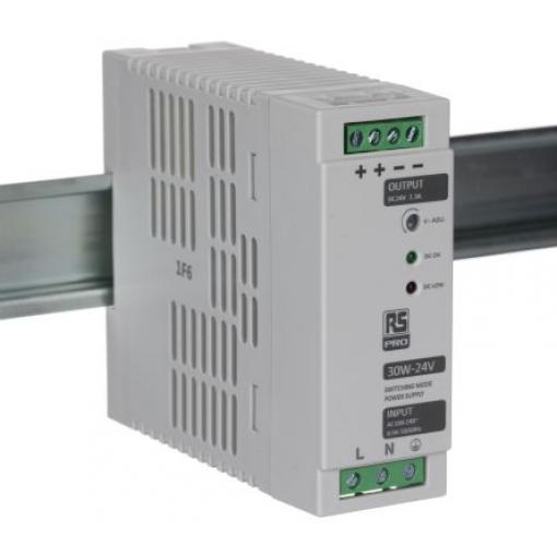 RS PRO Napájecí zdroj na lištu DIN, počet výstupů: 1 Spínaný napájecí zdroj 264V ac 1.3 A St. 24.5V dc DC 30 W
