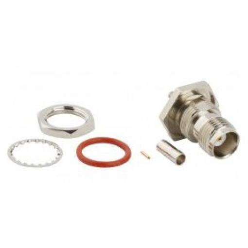 Konektor TNC, Samice, orientace těla: Rovný, Standardní, 50Ω, Kabelová montáž izolace krimpovánímBulkhead Fitting +85°C