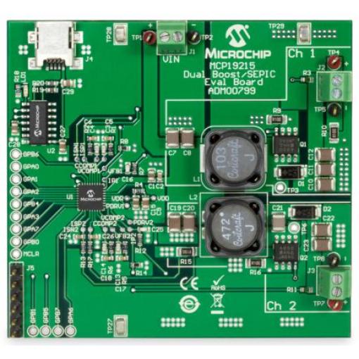Vyhodnocovací deska regulátoru Boost LED Vyhodnocovací deska Dual Boost/SEPIC Zvyšující regulátor Microchip MCP19215,