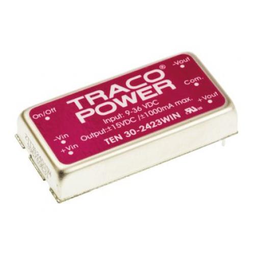 TRACOPOWER Měnič DC/DC TEN 30WIN, výstup: 15 V 1.5 kV, Vin 36V 1 A, Vin 9V 30 W -40 °C 75 °C Montáž na plošný spoj
