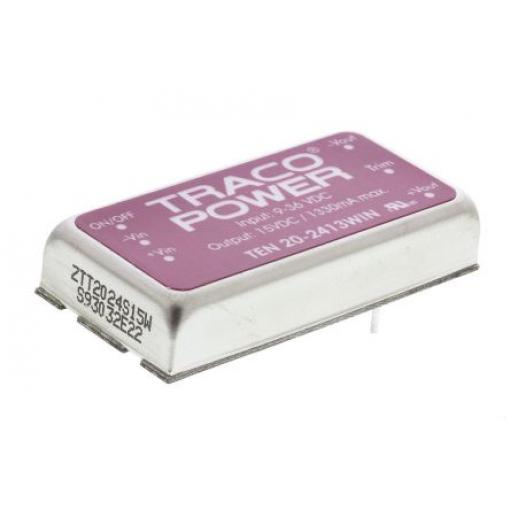 TRACOPOWER Měnič DC/DC TEN 20WIN, výstup: 15 V dc 1.5 kV dc, Vin 36V dc 1330 mA, Vin 9V 20 W -40 °C 85 °C Montáž na