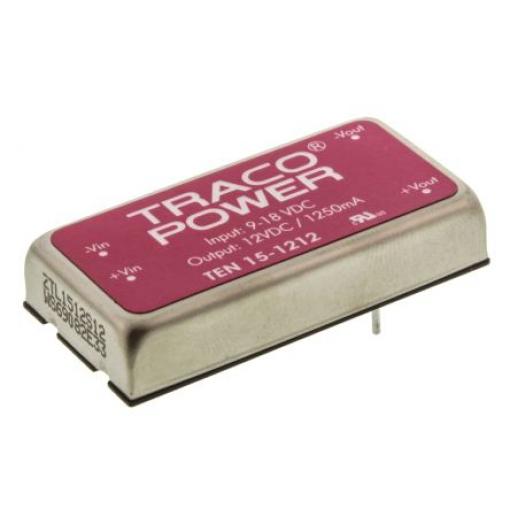 TRACOPOWER Měnič DC/DC TEN 15, výstup: 12 V dc 1.5 kV dc, Vin 18V dc 1.25 A, Vin 9V 15 W -40 °C 85 °C Montáž na plošný