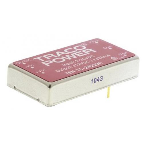 TRACOPOWER Měnič DC/DC TEN 15WI, výstup: 12 V dc 1.5 kV dc, Vin 36V dc 625 mA, Vin 9V 15 W -40 °C 85 °C Montáž na plošný