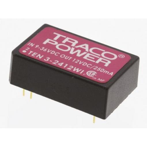 TRACOPOWER Měnič DC/DC TEN 3WI, výstup: 12 V dc 1.5 kV dc, Vin 36V dc 250 mA, Vin 9V 3 W -40 °C 85 °C Průchozí otvor