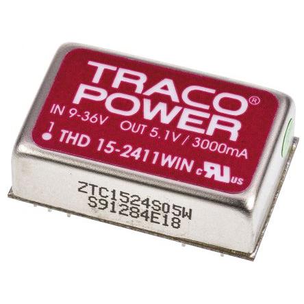 TRACOPOWER Měnič DC/DC THD 15WIN, výstup: 5.1V dc 1.6 kV dc, Vin 36V dc 3 A, Vin 9V 15 W -40 °C 85 °C Průchozí otvor
