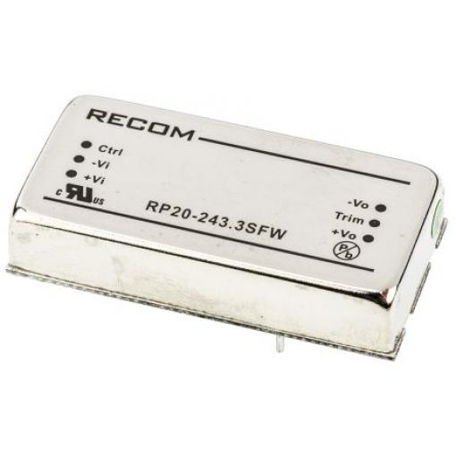 Recom Měnič DC/DC RP20 FW, výstup: 3.3 V dc 1.6 kV dc, Vin 24V dc 5.5 A, Vin 9V 20 W -40 °C 105 °C Průchozí otvor