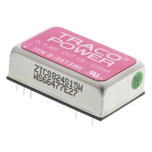 TRACOPOWER Měnič DC/DC TEN 8WI, výstup: 15 V dc 1.5 kV dc, Vin 36V dc 533 mA, Vin 9V 8 W -40 °C 85 °C Průchozí otvor